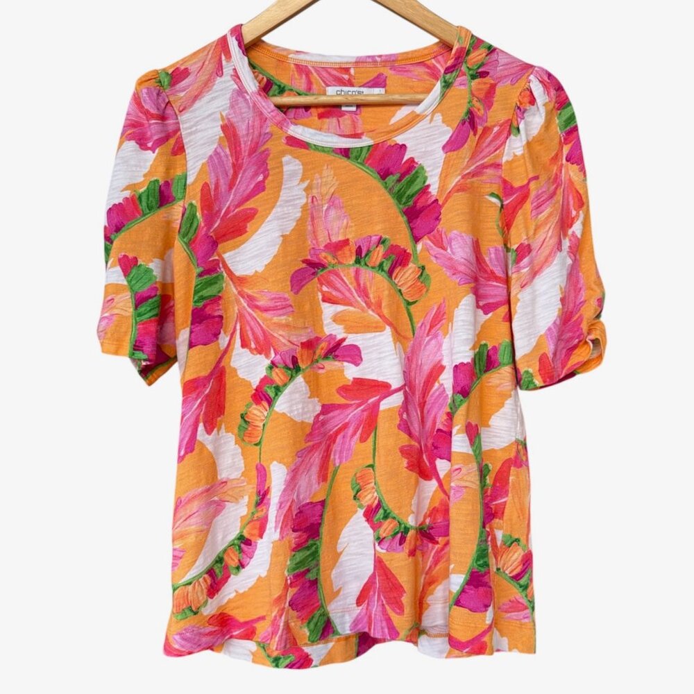 Chico's Tee Size 1 (US Medium) Slub Knit Shirred Short Sleeve Floral T-Shirt